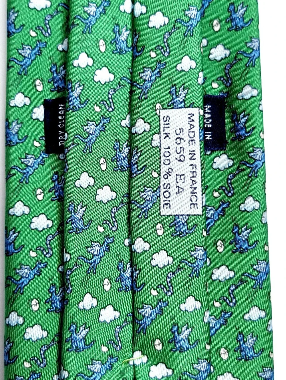 Hermès Paris Green Silk Tie with Blue & White Floral Motif